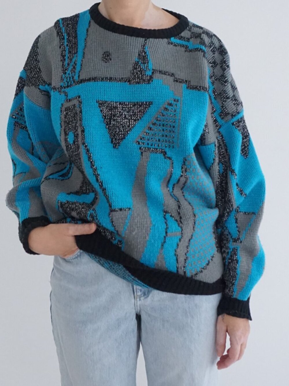 Vintage Melrose Avenue Blue Gray Abstract Geometric Knit Gorpcore Sweater M